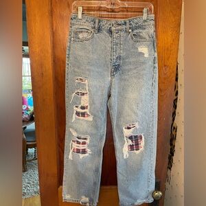 Super Cute We The Free Jeans with Plaid Distressing.